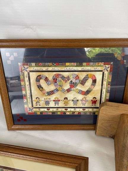 Home Decor Lot: Framed Prints, Wooden Shelves, and Mirror