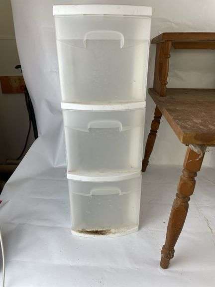 Wooden Side Table and Two Sterlite Drawer Storage Units