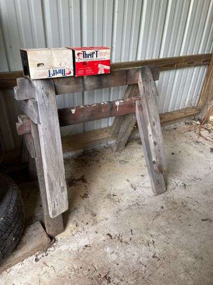 Pair of Wooden Sawhorses with Thrift-T Sawhorse Brackets