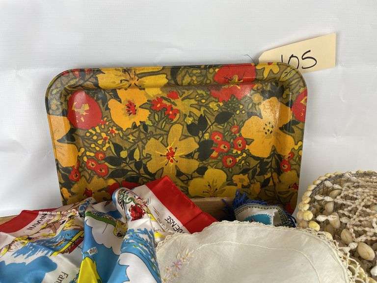 Assorted Collectibles: Floral Tray, Souvenir Scarves, Seashell Hanger, and More