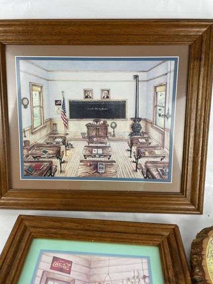 Framed Coca-Cola and Schoolhouse Prints (3)