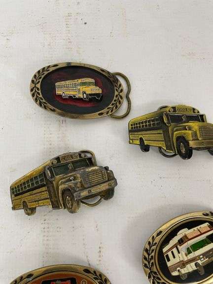 Collection of 7 Vehicle Themed Belt Buckles - School Bus, Chevy, and Camper