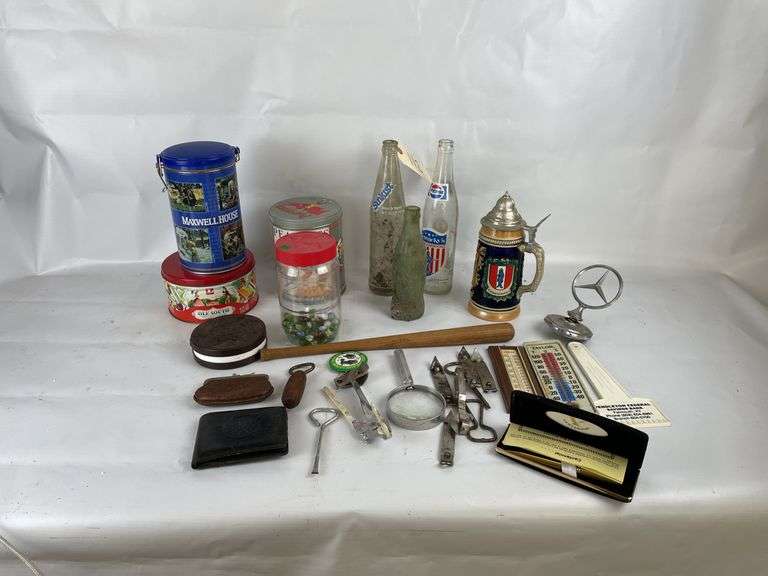 Mixed Lot: Bowling Ball, Roller Blades, Advertising Tins, & Fitness Items