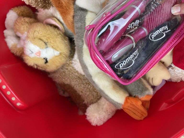 Tote of Stuffed Animals, Hats, and Household Items