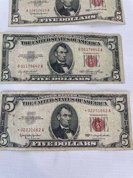 Three $5 Red Seal United States Notes