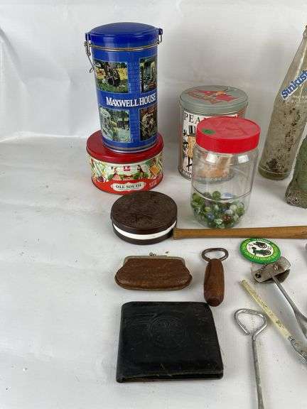 Mixed Lot: Bowling Ball, Roller Blades, Advertising Tins, & Fitness Items