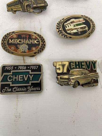 Collection of 7 Vehicle Themed Belt Buckles - School Bus, Chevy, and Camper