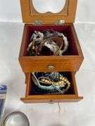 Jewelry Box with Costume Jewelry, Watches, and Necklace