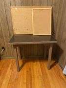Metal Desk, Rolling Desk Chair, and Cork Boards