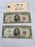 Two $5 Red Seal United States Notes