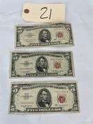 Three $5 Red Seal United States Notes