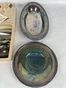 Box of Silverware with Poole Silver Plated Oval Dish