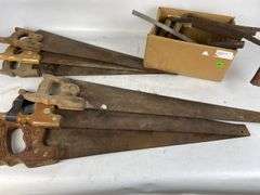 Lot of 6 Handsaws, 2 Draw Knives, and Miscellaneous Tools
