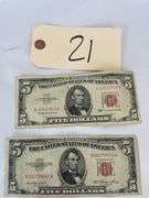 Three $5 Red Seal United States Notes