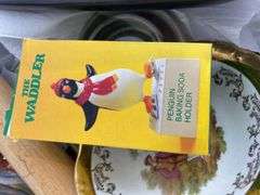 Kitchenware Lot with Punch Bowl, Plates, and Penguin Soda Holder
