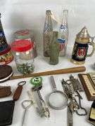 Mixed Lot: Bowling Ball, Roller Blades, Advertising Tins, & Fitness Items