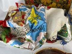 Assorted Collectibles: Floral Tray, Souvenir Scarves, Seashell Hanger, and More