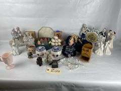 Mixed Collectibles Lot: Porcelain Dolls, Figurines, Matchbox Holder, Candles, and More