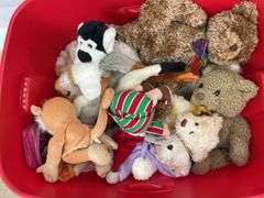 Tote of Stuffed Animals, Hats, and Household Items