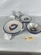 Blue & White Country Goose Dish Set with Plates, Bowls and Vinegar Bottle