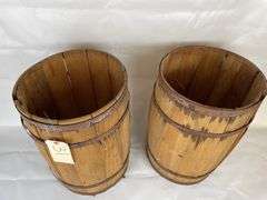 Two Wooden Nail Kegs with Metal Bands