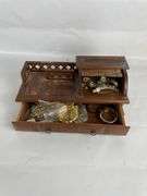 Wooden Jewelry Box with Costume Jewelry & Watches