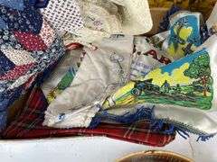 Assorted Collectibles: Floral Tray, Souvenir Scarves, Seashell Hanger, and More