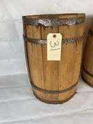 Two Wooden Nail Kegs with Metal Bands
