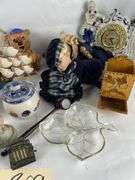 Mixed Collectibles Lot: Porcelain Dolls, Figurines, Matchbox Holder, Candles, and More