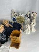 Mixed Collectibles Lot: Porcelain Dolls, Figurines, Matchbox Holder, Candles, and More