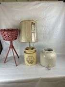 Pink Woven Basket Holder, Porcelain Drink Dispenser and Stone Jug Lamp
