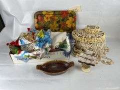 Assorted Collectibles: Floral Tray, Souvenir Scarves, Seashell Hanger, and More