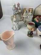 Mixed Collectibles Lot: Porcelain Dolls, Figurines, Matchbox Holder, Candles, and More