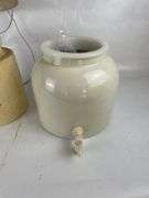 Pink Woven Basket Holder, Porcelain Drink Dispenser and Stone Jug Lamp