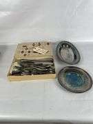 Box of Silverware with Poole Silver Plated Oval Dish