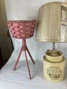 Pink Woven Basket Holder, Porcelain Drink Dispenser and Stone Jug Lamp