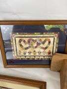 Home Decor Lot: Framed Prints, Wooden Shelves, and Mirror