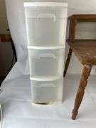 Wooden Side Table and Two Sterlite Drawer Storage Units