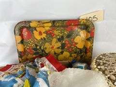 Assorted Collectibles: Floral Tray, Souvenir Scarves, Seashell Hanger, and More
