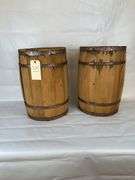 Two Wooden Nail Kegs with Metal Bands