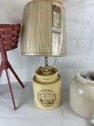Pink Woven Basket Holder, Porcelain Drink Dispenser and Stone Jug Lamp