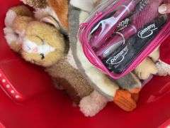 Tote of Stuffed Animals, Hats, and Household Items
