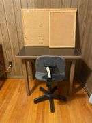 Metal Desk, Rolling Desk Chair, and Cork Boards