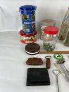 Mixed Lot: Bowling Ball, Roller Blades, Advertising Tins, & Fitness Items