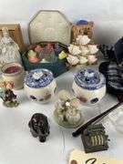 Mixed Collectibles Lot: Porcelain Dolls, Figurines, Matchbox Holder, Candles, and More