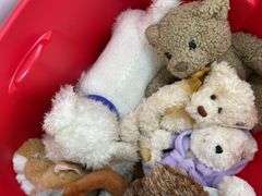 Tote of Stuffed Animals, Hats, and Household Items