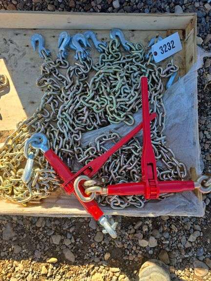 (4) 5/16 Grade 70 chains w/hooks 20' and 2 ratchet binders image