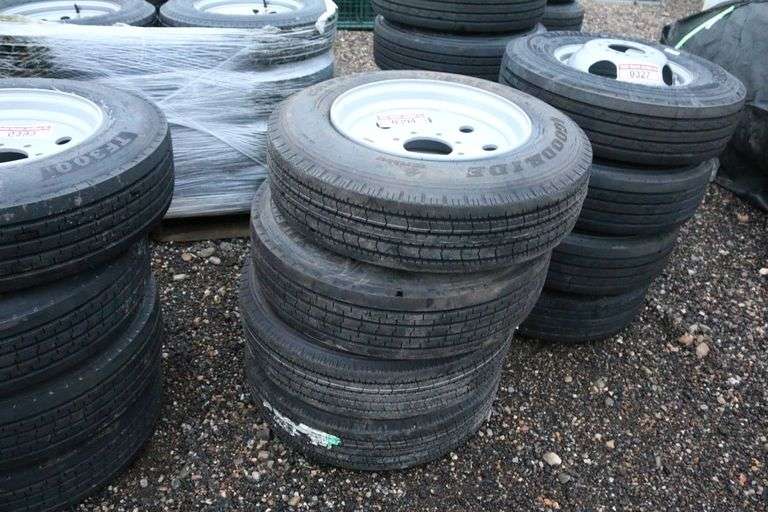 Set of 4 Tires- Goodride 215 R75/17.5- 16 ply on 8 hole steel wheels image