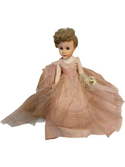 Vintage Hard Plastic Doll in Pink Tulle Gown – 1950s Era image