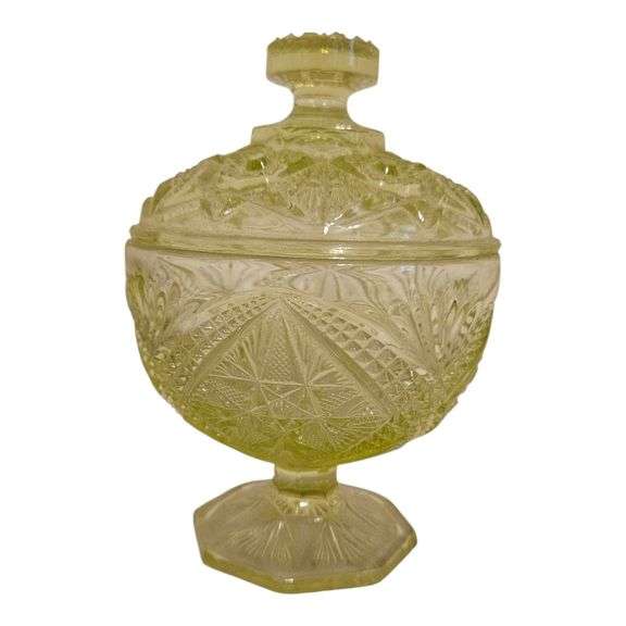 Pressed Vaseline Glass Covered Candy Dish on Pedestal image